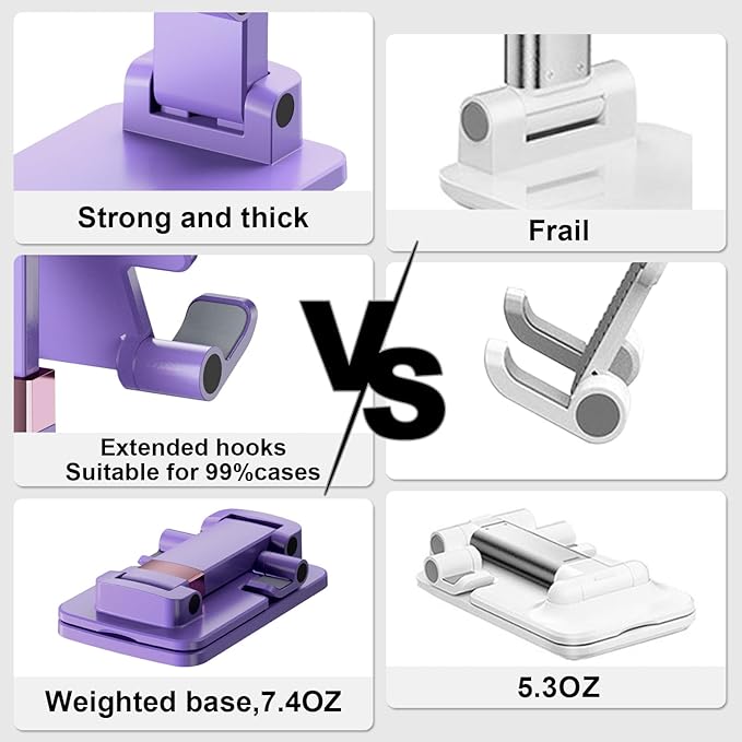 Phone Stand for Desk, Cell Phone Holder Adjustable Cellphone Tablet Stand for Desk Height Angle Adjustable Compact Design for iPhone iPad Android Devices Under 12" (Purple, 1Pack)