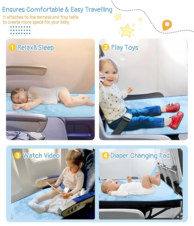 Toddler Airplane Bed, Toddler Travel Bed Airplane Seat Extender for Kids, Plane Tray Cover with Built-in Holder, Baby Travel Essentials for Flying, Portable Plane Footrest for Kids Blue
