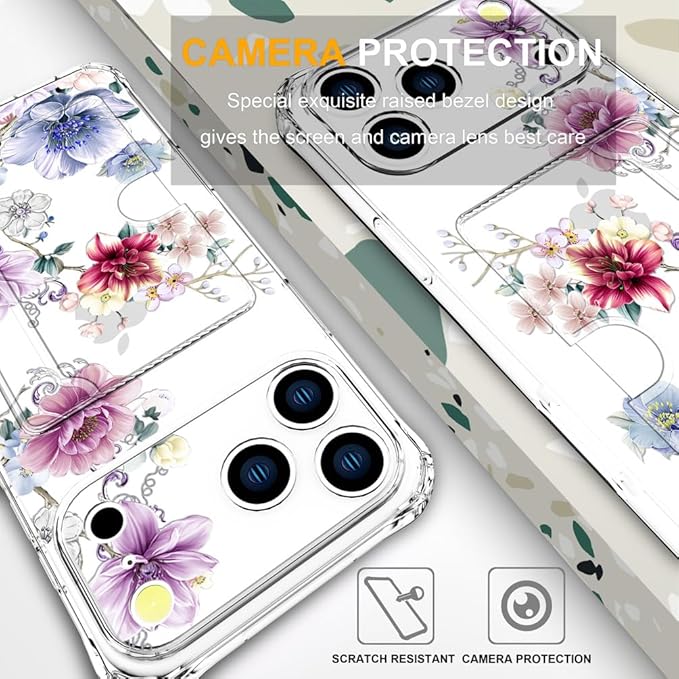 Compatible with iPhone 17 Pro Case Card Holder for Women Cute Design,Wallet Phone Cases Transparent Cool Kawaii Protective (Clear Wonderful Large Flowers)
