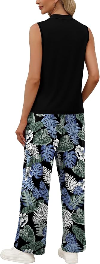 WIHOLL Two Piece Set for Women Summer Spring Outfits Cruise Travel Airport Beach Vacation Mock Neck Wide Leg Pants Set