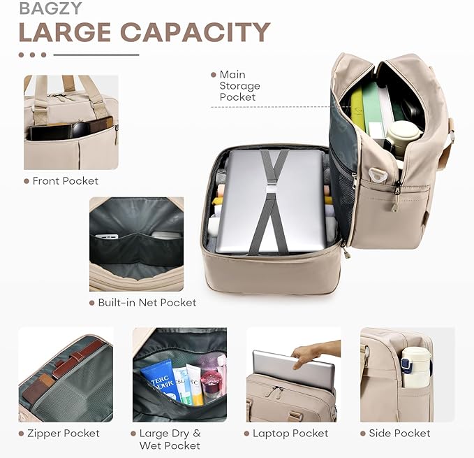 40x30x15cm Personal Item Travel Bag 16x12x6 Under-seat Carry on Bags for Airplanes 20L Expandable 30L Lightweight Duffle Bag Weekender Bags with Wet Pocket for Gym Overnight Hospital Beige
