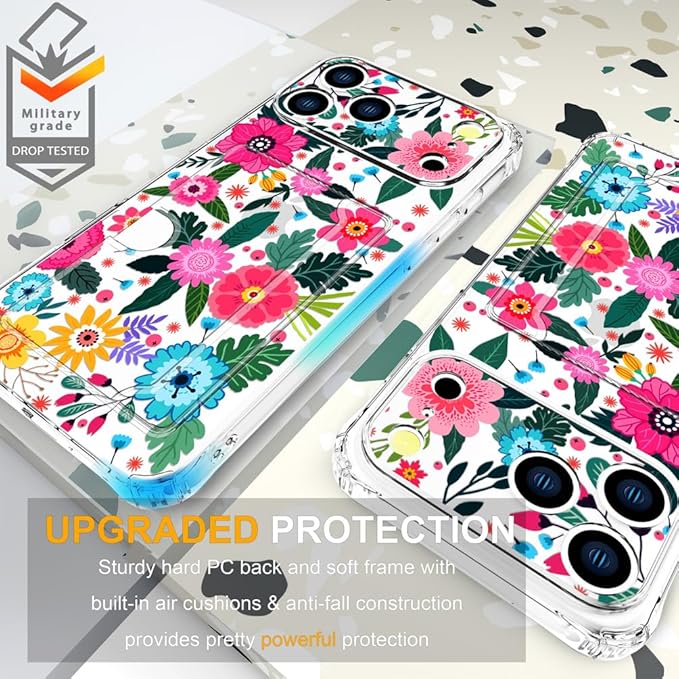 Compatible with iPhone 17 Pro Case Card Holder for Women Cute Design,Wallet Phone Cases Transparent Cool Kawaii Protective (Clear Floral Spring Blossom)
