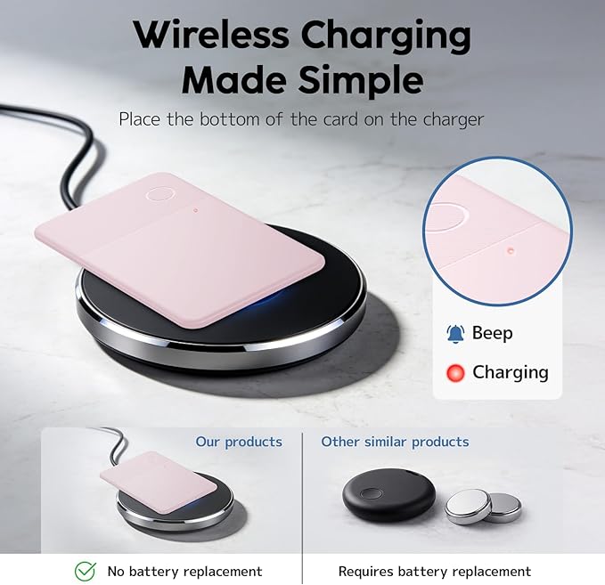 Slim Rechargeable Wallet Tracker Card – Ultra-Thin Item Locator for Wallet, Luggage & Passport, Compatible with iOS (iOS Only) (Pink)