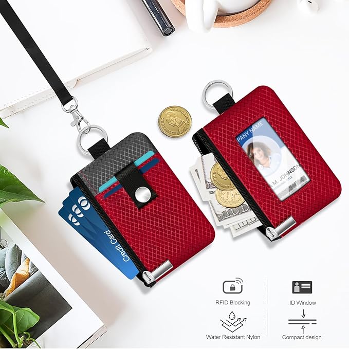 Minimalist RFID Blocking Small Wallet with ID Window,WaterResistant Zip Id Case Wallet with Lanyard Keychain for Cards,Cash,Travel,Women,Men (Red/Dark Grey)