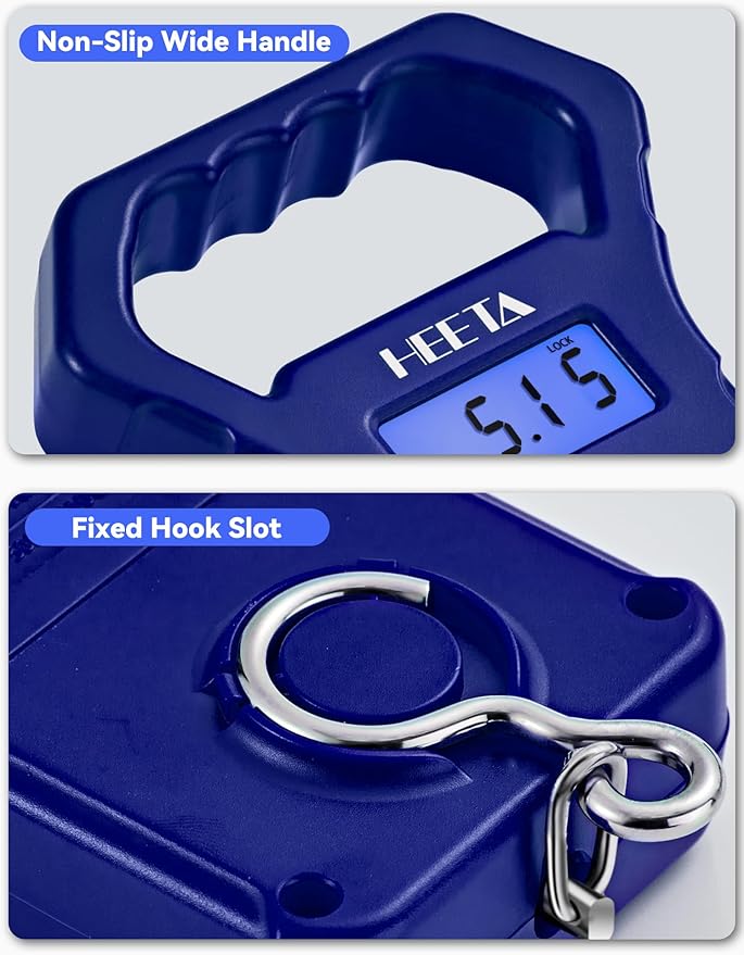 HEETA Fish Scale, 110lb/50kg Digital Portable Hanging Fishing Weight Scale with Backlit LCD Display, Luggage Scale with Hook, Non-Slip Large ABS Handle & 2 AAA Batteries, Fishing Gifts Gear for Men