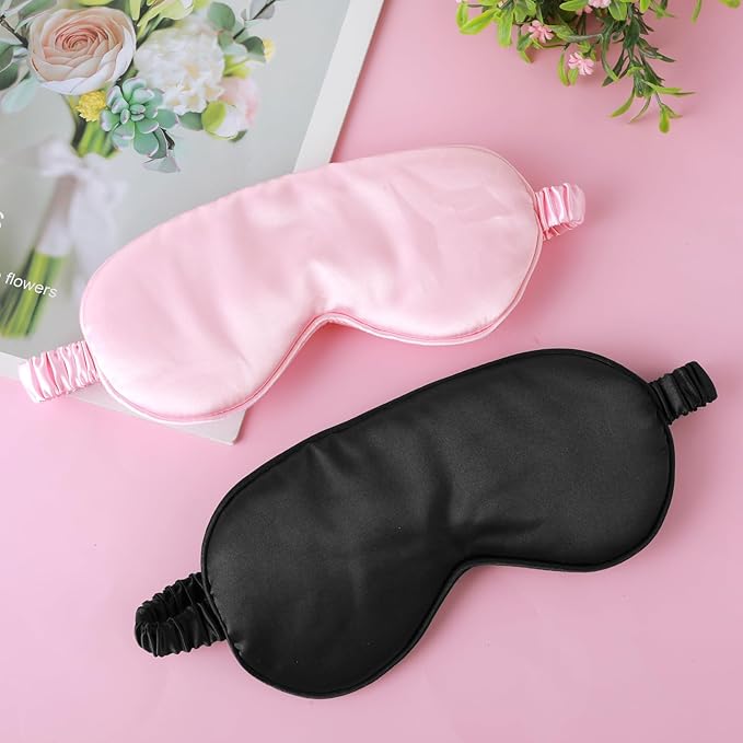 2 Pack Sleep Mask Silk Eye Mask Cover for Sleeping, Soft Satin Blindfold with Elastic Strap, Blocks Light and Reduces Puffy Eyes, Comfortable Night Sleeping Mask for Women Men (Black&Pink)