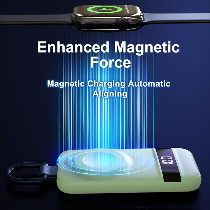 Portable Charger for Apple Watch, 2500mAh & Digital Display – Magnetic Fast Charging iWatch Charger for Travel – for Apple Watch Series 1-11/SE1-3/Ultra 1-3 (Mint Green)
