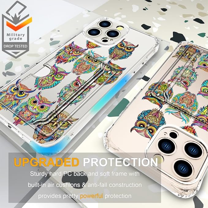 Compatible with iPhone 16 Pro Case Card Holder for Women Cute Design,Wallet Phone Cases Transparent Cool Kawaii Protective (Clear Colorful Owls Cartoon)