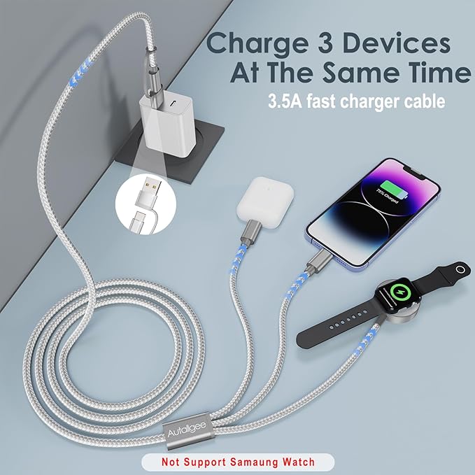 2Pack Travel Essentials for Apple Watch Charger,3 in 2 USB C Cable for Multi Charging Cable Cord,Vacation Camping RV Essentials Portable Designed for iWatch &iPhone 17-11 -4FT White