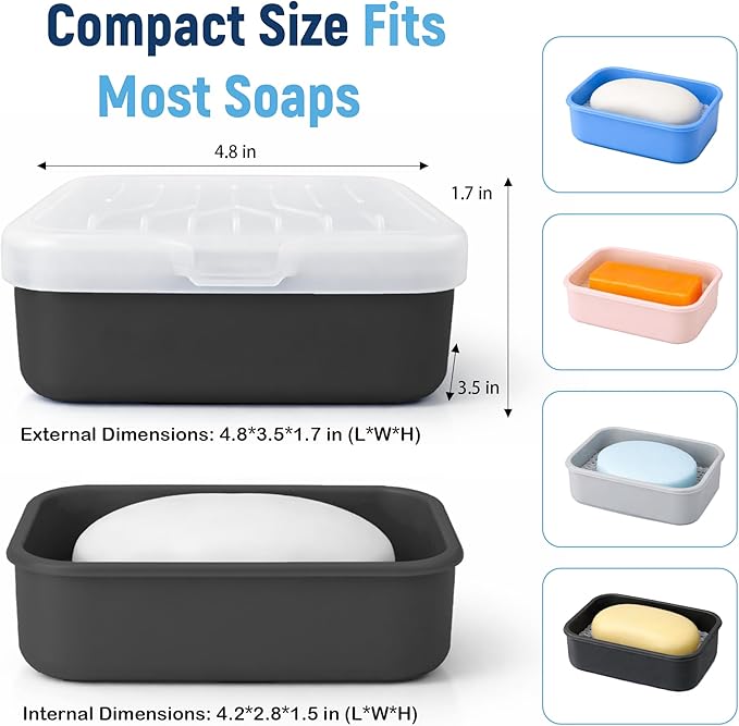 Leakproof Silicone Travel Soap Case: Compact Portable Bar Soap Case with Drainage Layer & Upgraded Lid - 2026 Travel Essentials for Camping, Gym, Shower & Carry-on Bags (Black)