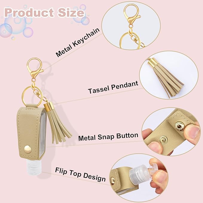 4 Pack Portable Travel Hand Sanitizer Keychain Holder with Funnel, Small Leather Empty Travel Size, 30ml Mini Hand Sanitizer with Refillable Bottle for Toiletry Shampoo Lotion Liquid Soap
