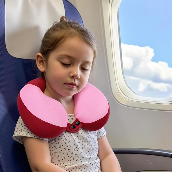 COOLBEBE Kids Travel Neck Pillow, Softly Double Support Travel Pillow for Car & Airplane, Traveling Gifts for Toddler & Children, Breathable Fabric, Raspberry Powder