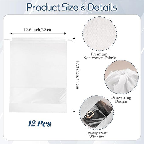 12 Pcs Portable Travel Shoe Bags, 17.3 x 12.6 Inches Waterproof Non-Woven Shoe Organizers Storage Bags, Large Drawstring Shoes Pouch Packing Organizers with Rope for Men, Women, Children (White)