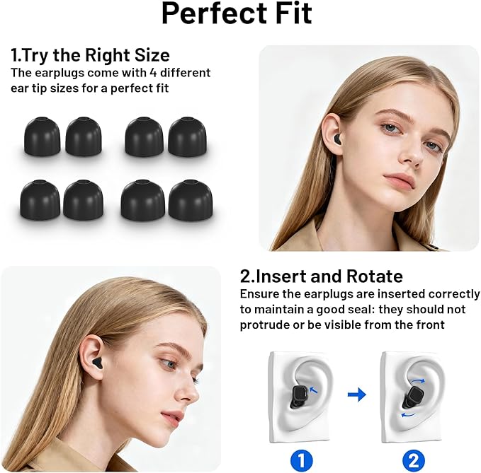 Ear Plugs for Sleeping 32dB Noise Reduction EarPlugs for Noise Cancelling & Sleep, Reusable Travel, Work, Focus & Concert, Ultra Soft with 4 Pairs of Ear Tips & a Portable Case (Black, One Size)