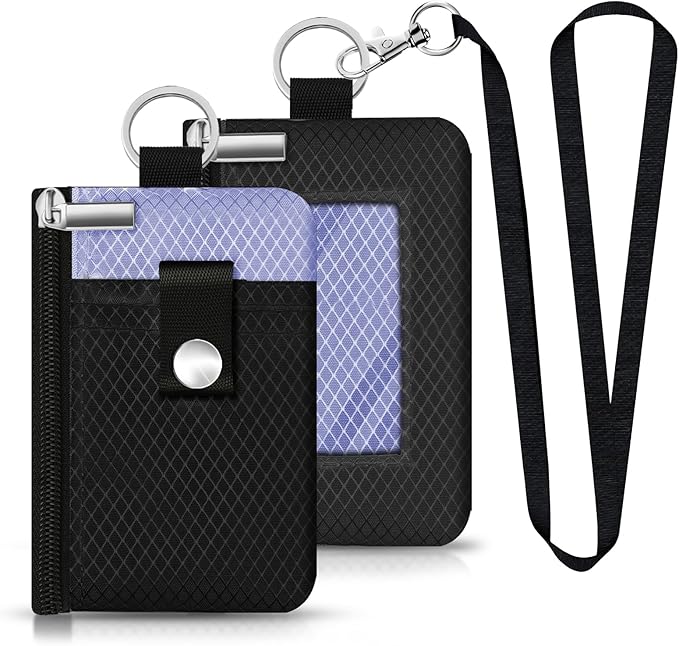 Minimalist RFID Blocking Small Wallet with ID Window,WaterResistant Zip Id Case Wallet with Lanyard Keychain for Cards,Cash,Travel,Women,Men (Black/Lavender Purple)