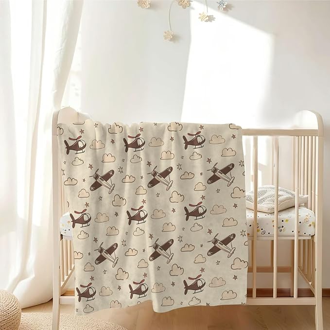 Unisex Plane Nursery Baby Throw Gift Blanket for Boys Girls, Cartoon Helicopters Clouds Stars Pattern Swaddle Receiving Bed Blanket for Newborn Toddlers Kids-50x60
