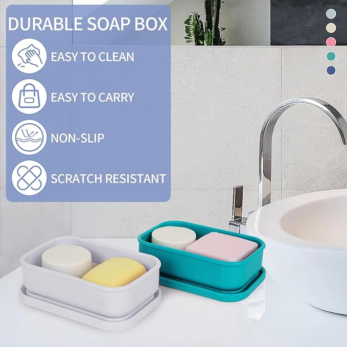 Leak Proof Travel Soap Case,Large Silicone Travel Soap Holder,Portable Soap Box with Drainage Layer,Bathroom Shatter Proof,Suitable for Travel, Bathroom, Camping, Gym(Light Gray)