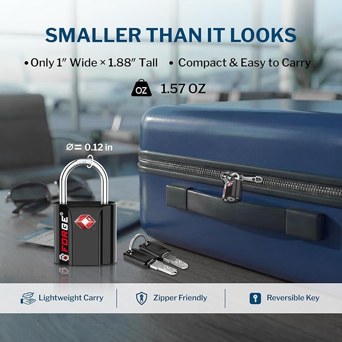 Forge 1'' Wide 1.8'' Tall, TSA Approved Luggage Locks: Key Locks for Travel. Ultra Secure Dimple Key Travel Locks Alloy Body Luggage Locks. Black 2 Pack.