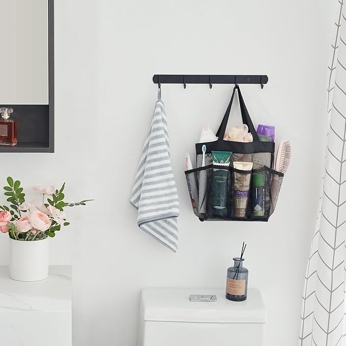 Lifewit Mesh Shower Caddy Portable for College Dorm Room Essentials with 7 Pockets, Freestanding Hanging Organizer Basket, Quick Dry Tote Bag for Camping, Bathroom, Beach, Travel, 1 Pack, Black