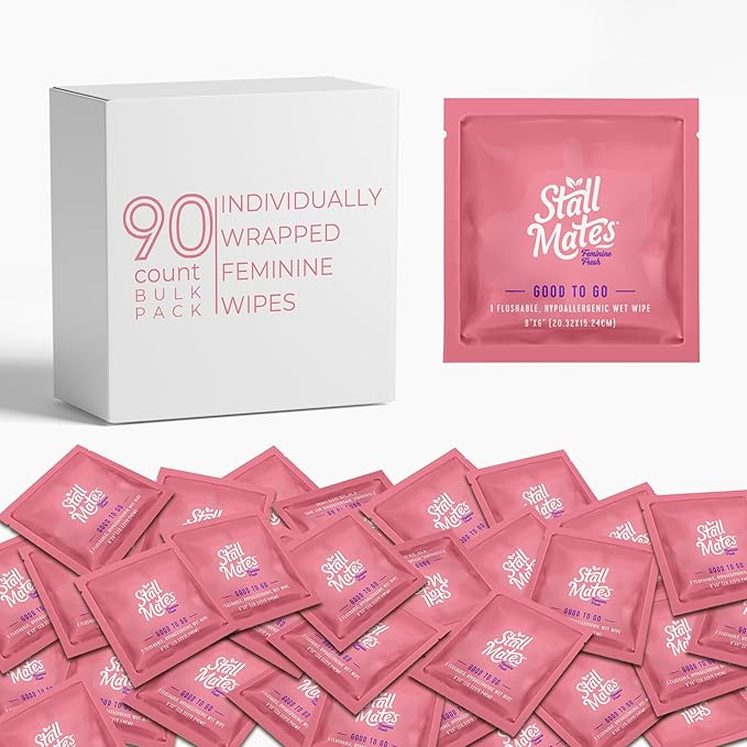 Stall Mates Wipes Feminine Fresh - Flushable | Individually Wrapped Cleansing Travel Friendly PH balanced Unscented with Sunflower, Rosemary and Aloe (90 on-the-go singles) BULK PACK