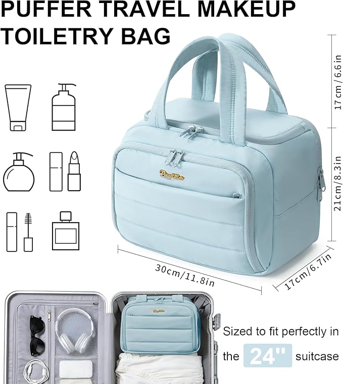 Bagstellar Travel Toiletry Bag for Women, Lightweight Large Quilted Puffy Makeup Bag Wide-open Make up Organizer Cloud Cosmetic Bag w/Handle for Traveling Toiletries Essentials Accessories Light Blue