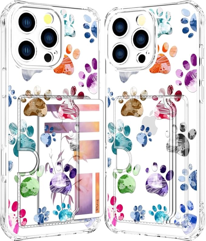 Compatible with iPhone 16 Pro Case Card Holder for Women Cute Design,Wallet Phone Cases Transparent Cool Kawaii Protective (Clear Lovely Dogs Paws)
