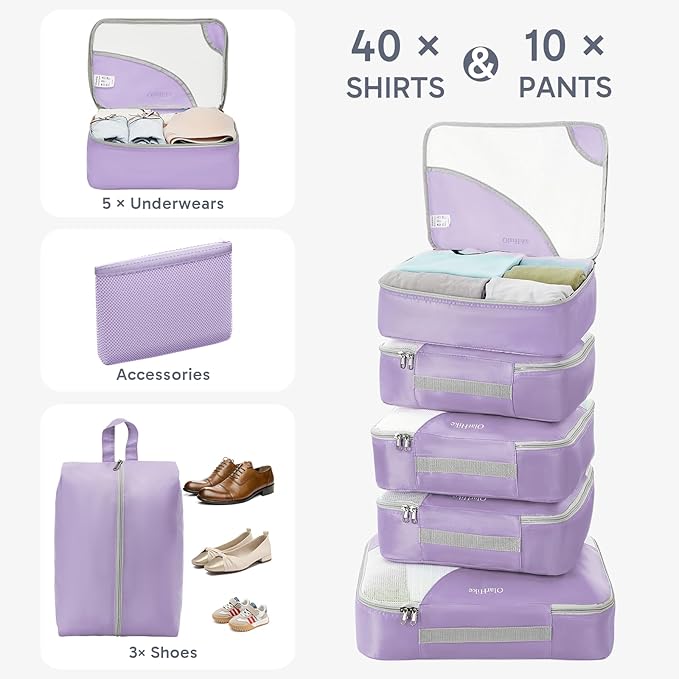 OlarHike ALL INCLUDED 10 Set Durable Packing Cubes for Travel,Gifts for Women Mom,Luggage & Suitcase Organizers with Toiletry Bag,Vacation Essentials for Cruise & Plane,Beach Accessories,Light Purple