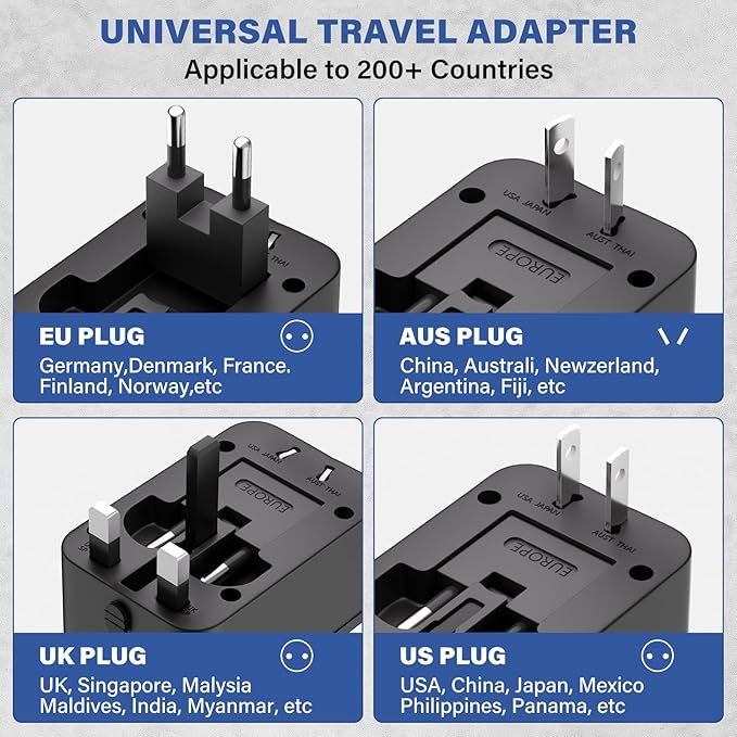 Travel Plug Adapter with 2 USB A+1 USB C,Universal All in One Worldwide Travel Adapter,Power Converters Wall Charger,AC Power Plug Adapter,International Power Adapter for USA EU UK AUS Black