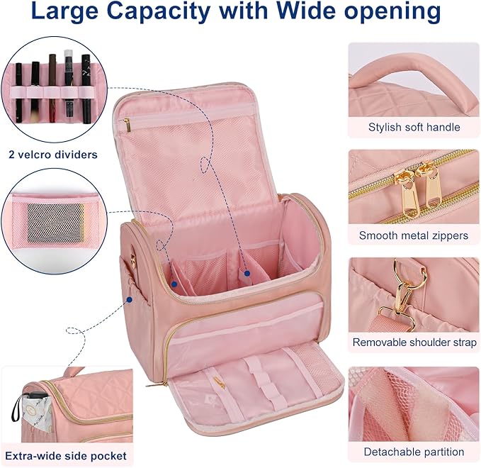 GR69N Travel Toiletry Bag Large Cosmetic Makeup Bag Organizer for Women,Wide-open Make Up Bag Waterproof Makeup Case Travel Bag with Handle and Dividers for Toiletries,Essentials,Accessories,Dark Pink