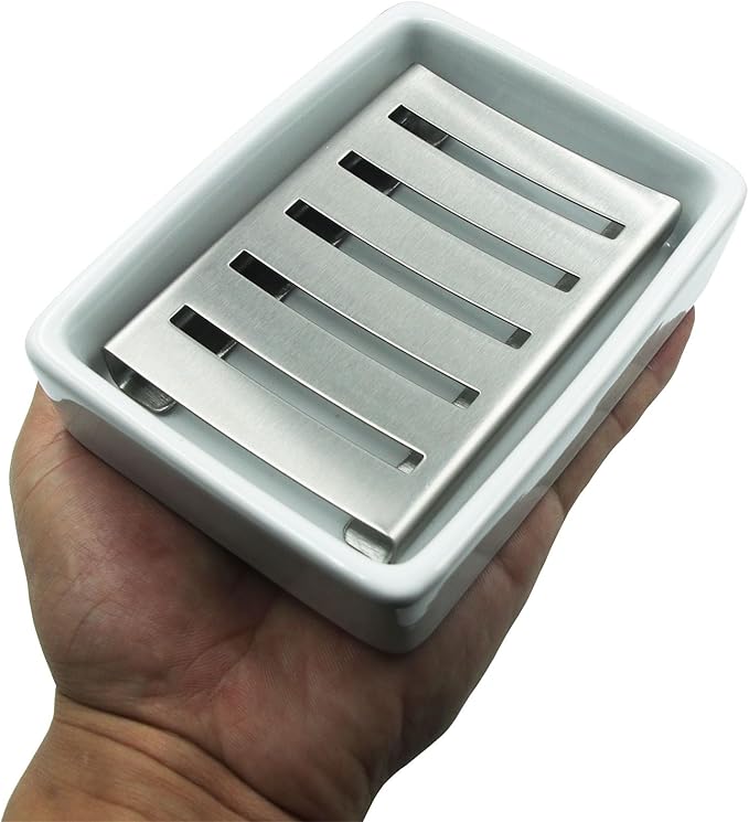 Ceramic Soap Dish, 4.92 Inch Rectangle Soap Holder with Stainless Steel Draining Layer, for Shower,Bathroom,Kitchen Sink Organizer