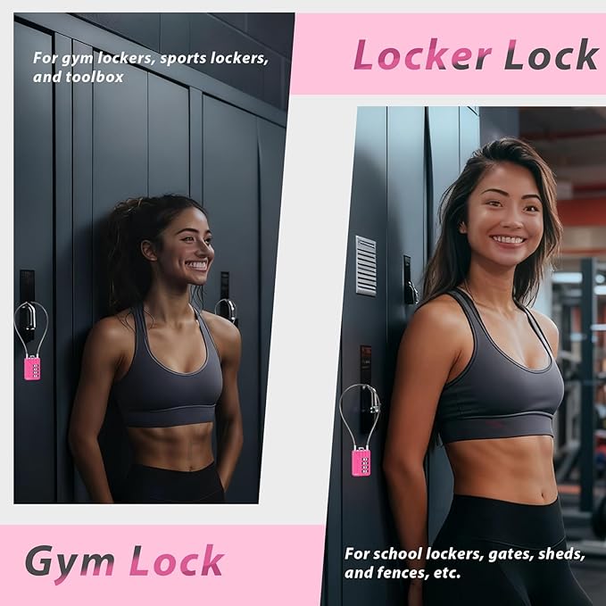 SEPOX® Twins Resettable 4-Digit Combination Padlock, 18cm Compact Vinyl Steel Cable – Multipurpose Lock for Gym Locker, Suitcase, Mini Toolbox – Pink Gym Essentials for Women