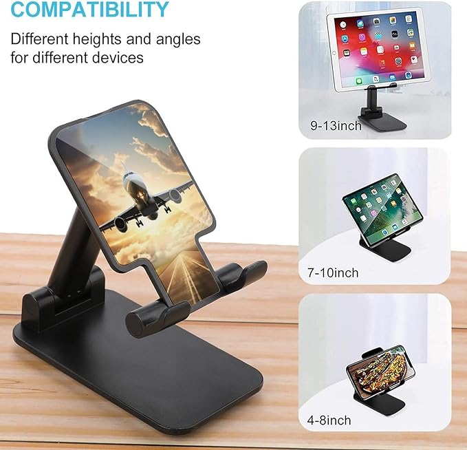 Adjustable Cell Phone Stand for Desk Foldable Mobile Airplane Phone Holder Cradle Dock Fit 4.0-8.0 Inch Smartphones Portable Travel Essentials Office Desktop Accessories Decor