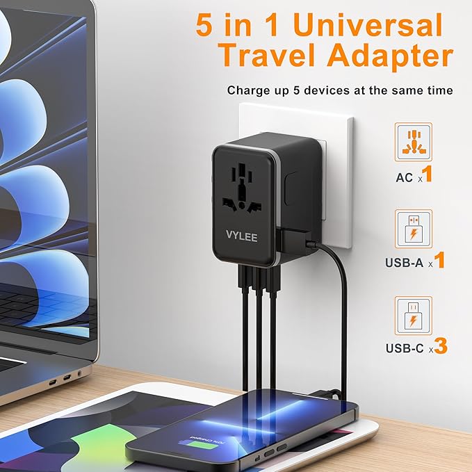 VYLEE 70W GaN International Travel Adapter, Universal Power Adapter with 3 USB-C (PD 70W) & 1 USB-A Ports, Worldwide Wall Charger for US to Europe, UK, Ireland, AU, Asia, Works in 200+ Countries