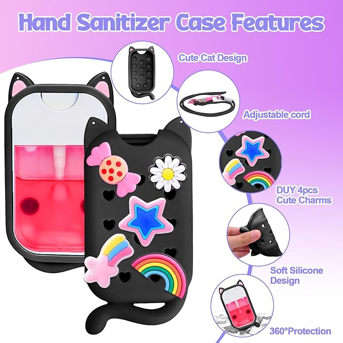 Mity rain Hand Sanitizer Spray Case Compatible With Touchland, Cute Silicone Hand Sanitizer Holder Keychain with 4 Charms, Portable Refillable Sanitizer Accessory, Gift for Women And Teens