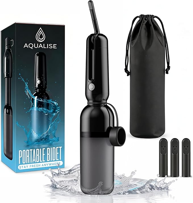 Aqualise Portable Bidet for Travel, USB-C Rechargeable Electric Handheld Sprayer, 3 Nozzles & Carry Pouch - High Pressure Waterproof Peri Bottle for Women, Men, Postpartum Care & Personal Hygiene