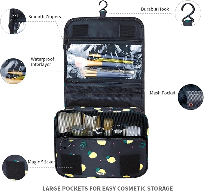 Lcsmaokin Large Capacity Toiletry Bag Travel Bag with Hanging Hook for Men and Women Waterproof Travel Cosmetic Bag Bathroom Storage Bag for Brushes Set,Full-Sized Shampoo,Accessories-Black Lemon