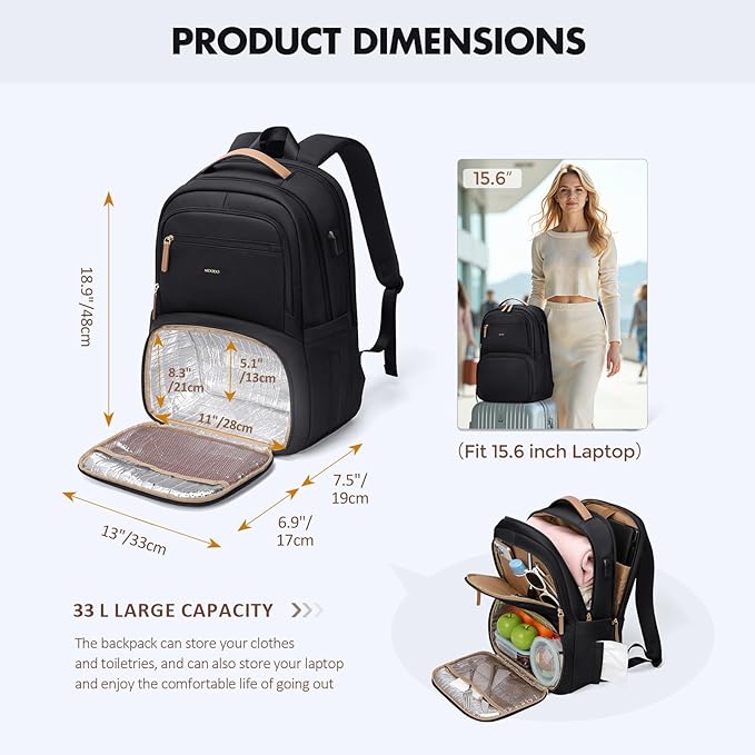 MDODO Lunch Backpack for Women Men,15.6Inch Insulated Lunch Box Backpack with USB Charging Port, Diaper Laptop Back pack for Travel Picnic Work Teacher Nurse,Black