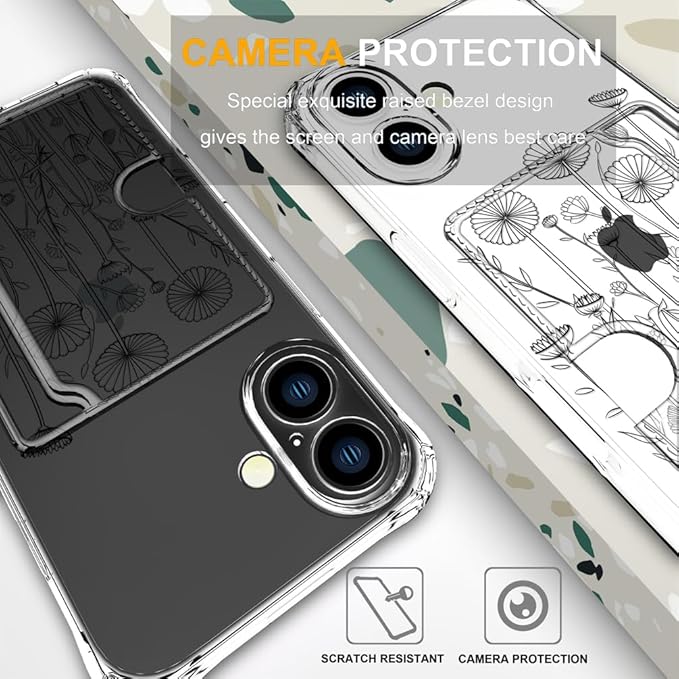 Compatible with iPhone 17 Case Card Holder for Women Cute Design,Wallet Phone Cases Transparent Cool Kawaii Protective (Clear Black Flower Bouquet)