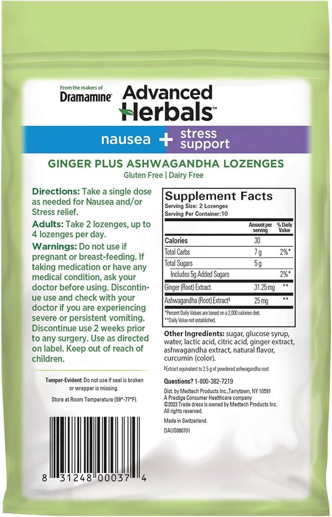 From the Makers of Dramamine, Advanced Herbals Ginger & Ashwagandha Lozenges, for Nausea Relief & Stress Support, Tropical Fruit and Ginger Flavor, 20 Count