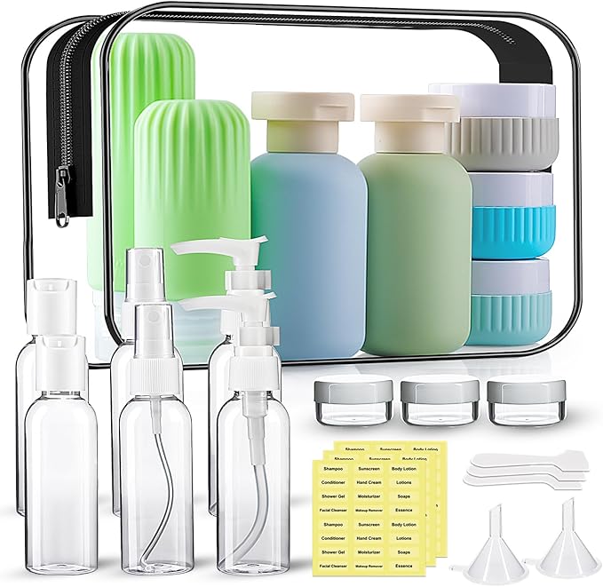 Travel Bottles for Toiletries, 25 Pack TSA Approved Travel Size Containers for Toiletries, Leak Proof Refillable & Squeezable Toiletry Bottles Kit with Clear Bag for Shampoo Lotion Cream Conditioner