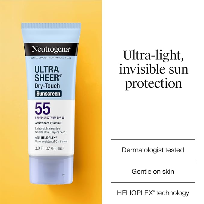 Neutrogena Ultra Sheer Dry-Touch Sunscreen SPF 55 for Face & Body, Lightweight Non Greasy Broad Spectrum UVA/UVB Protection, No White Cast, Water Resistant (80 Min) Travel Sunscreen Lotion, 3 fl oz