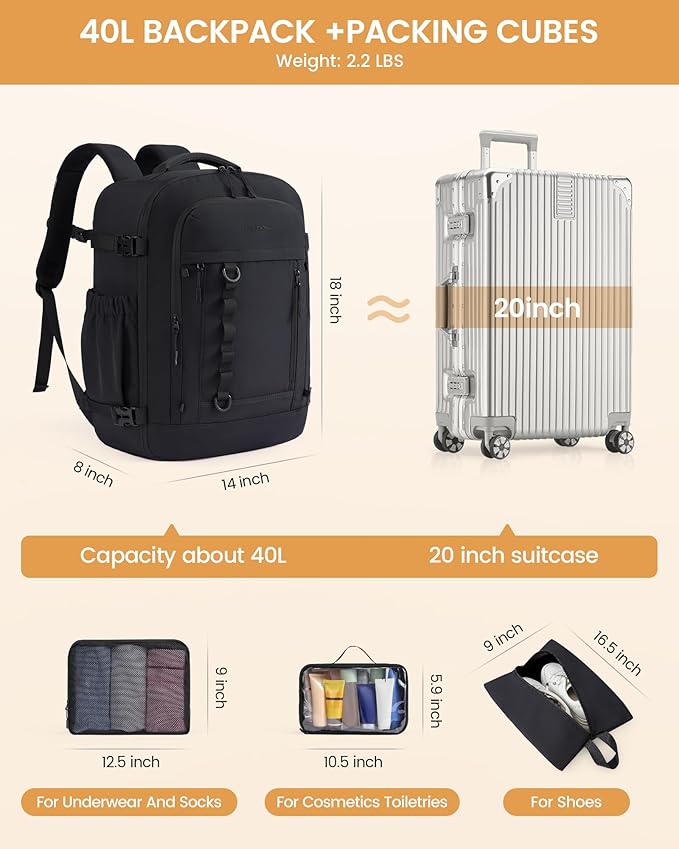 LOVEVOOK 40L Travel Backpack for Men Women, Waterproof Carry On Backpack for Work & Travel, Flight Approved Personal Item with 3 Packing Cubes, TSA Bag Fits 17.3" Laptop,Navy blue