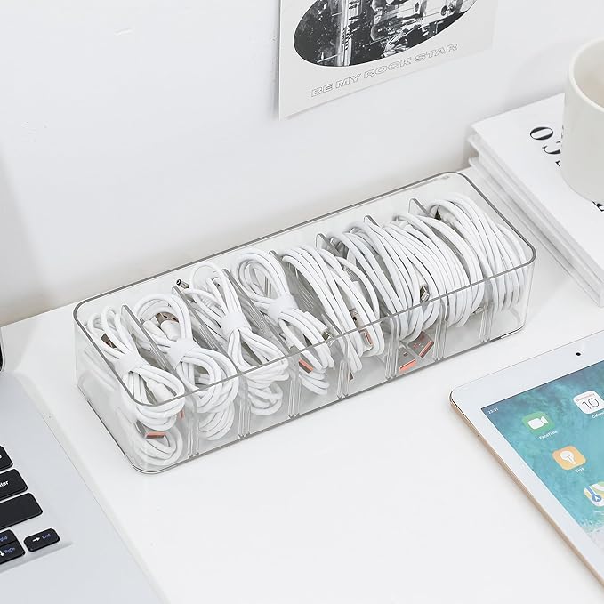 Clear Cable Cord Organizer Box, Adjustable Desk Drawer Storage Case for Home Office Supplies, Battery and Cell Phone Charger, Plastic Art Crafts Container