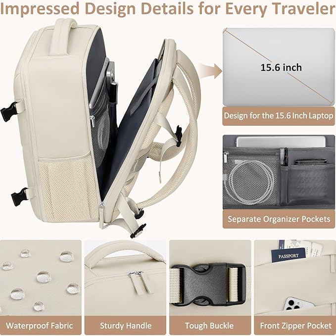 Tenot Carry on Backpack for Women TSA Approved 15.6 Inch Travel Laptop Backpack for Women Travel Essentials Foldable Womens Travel Backpack Suitcase Beige