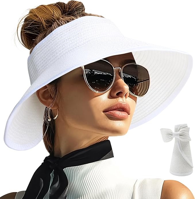 PFFY Sun Visors Hats for Women Wide Brim Straw Visor Packable Foldable Ponytail Travel Beach Hat Vacation Essentials