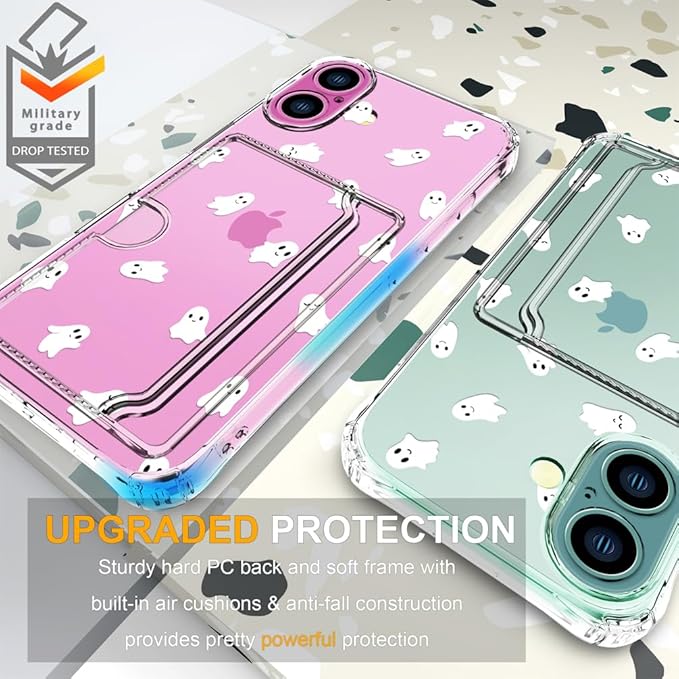 Compatible with iPhone 16 Plus Case Card Holder for Women Cute Design,Wallet Phone Cases Transparent Cool Kawaii Protective (Clear Ghosts Halloween Hallowmas)