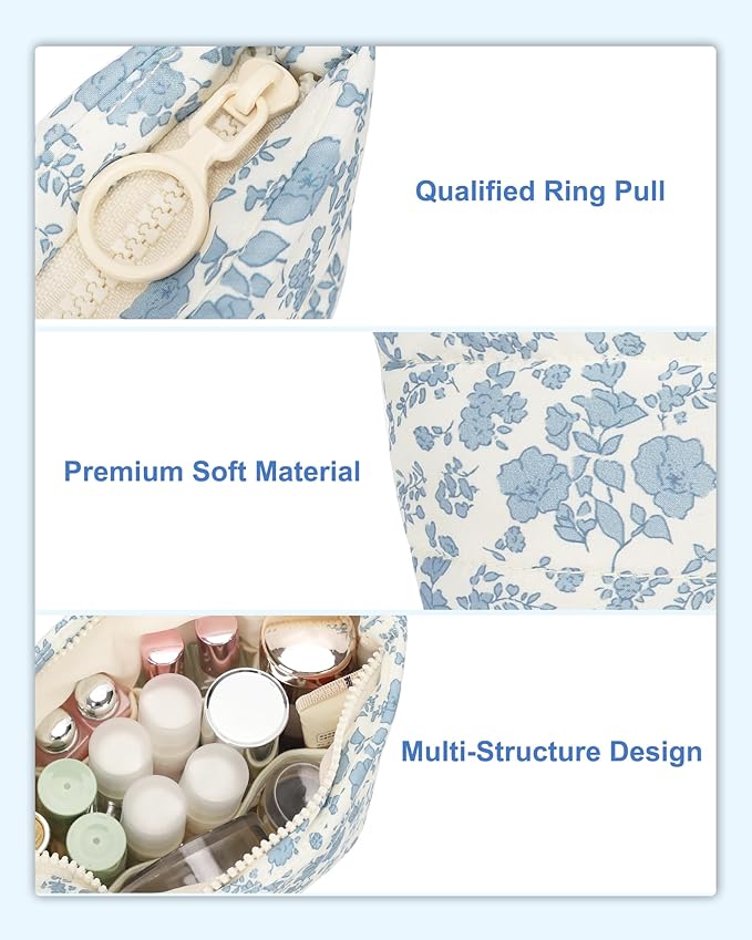 Small Makeup Bag, Portable Roomy Cosmetic Bag for Women, Floral Make Up Pouch, Mini Toiletry Bag Accessories Organizer for Trip, Office Stationery - Blue Flower