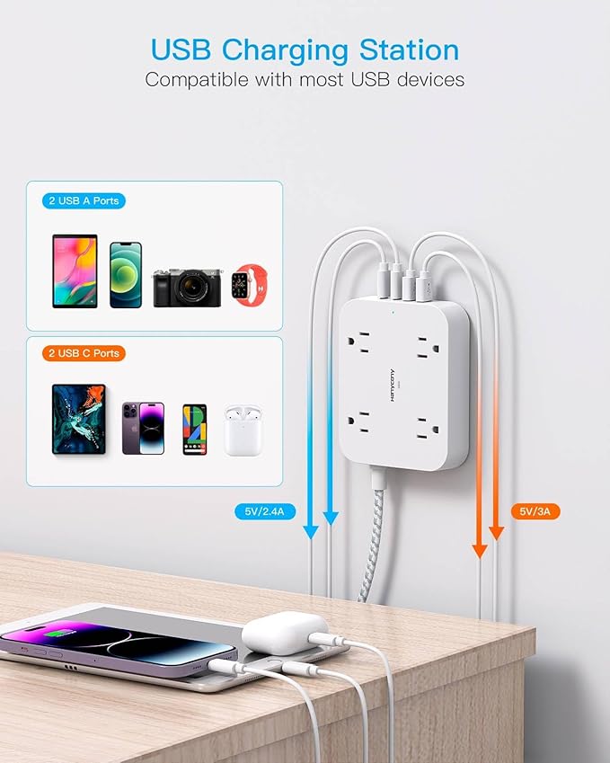 Surge Protector Power Strip, HANYCONY 5Ft Extension Cord with 4 USB Ports(2 USB C), 4 Widely Outlets Extender, Wall Mount, Desk Charging Station for Office School Travel College Dorm Room Essentials