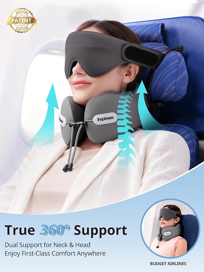 Inspireyes Neck Pillow, Travel Pillow with Seat Strap, 3D Sleep Mask, Dual Support Neck Head, High Supportive Foam Airplane Pillow for Long Flight, Stop Bobblehead Travel Essential, Light Grey