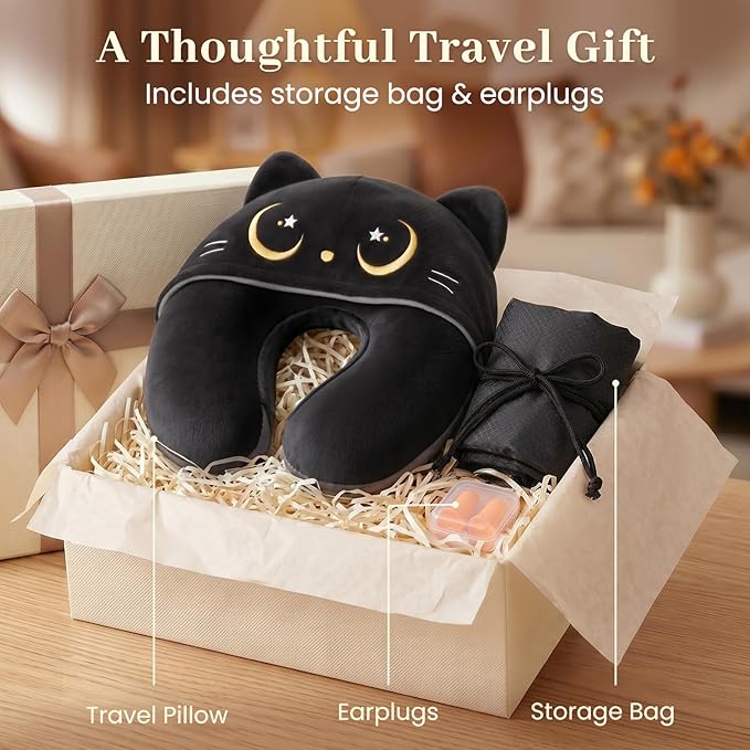 Mewaii Travel Neck Pillow with Hood for Airplanes,Memory Foam,Breathable Ice Silk & Soft Velvet,Double-Sided,Removable to Clean,Adjustable Strap,Portable Travel Pillow for Long Flights Adults & Teens
